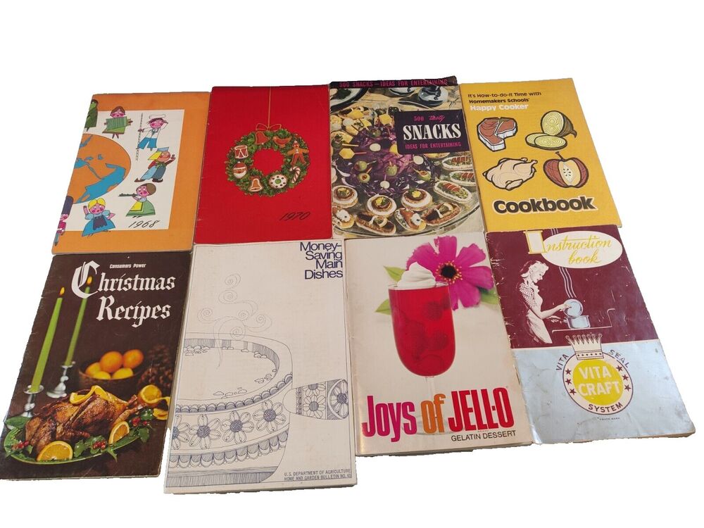 Lot of 8 Vintage Cookbooks & Recipe Booklets 1950s-1970s Retro MCM Cooking